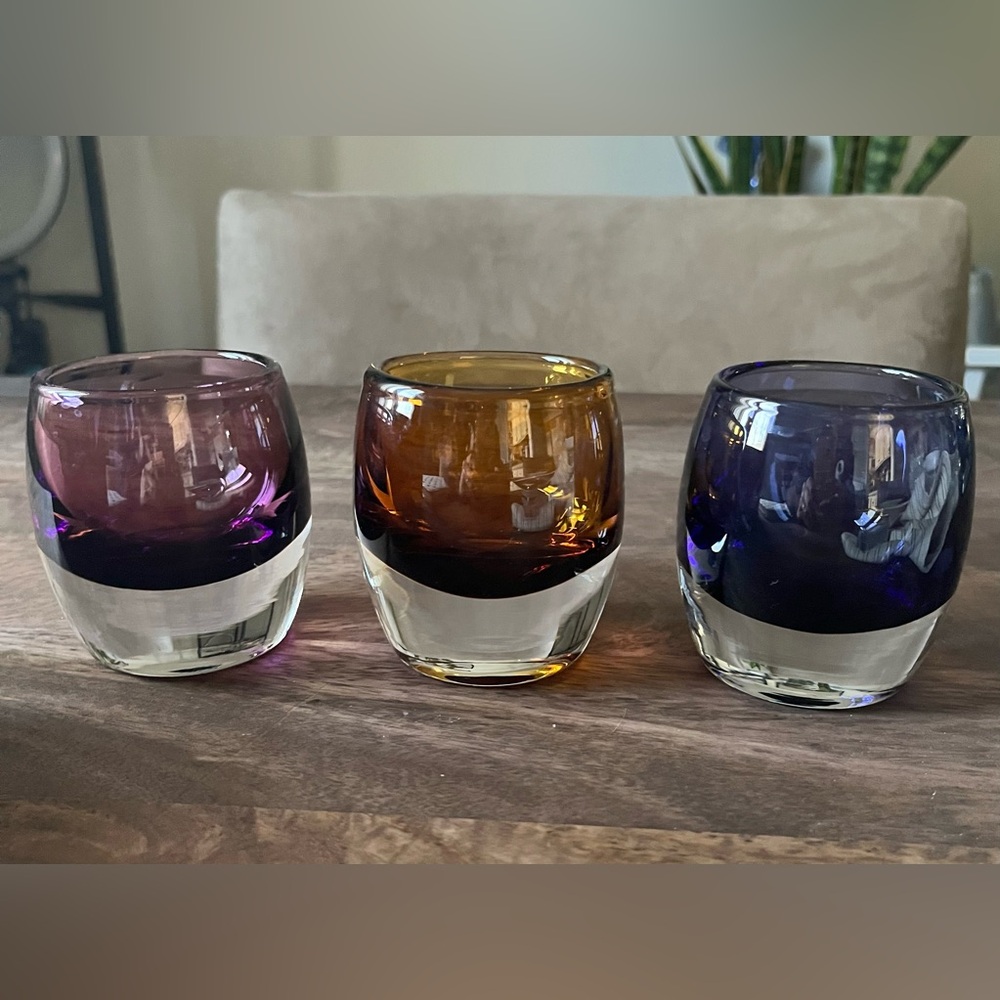 Set of 3 Crate & Barrel Glass Diva Votive Candle Holders purple amber navy